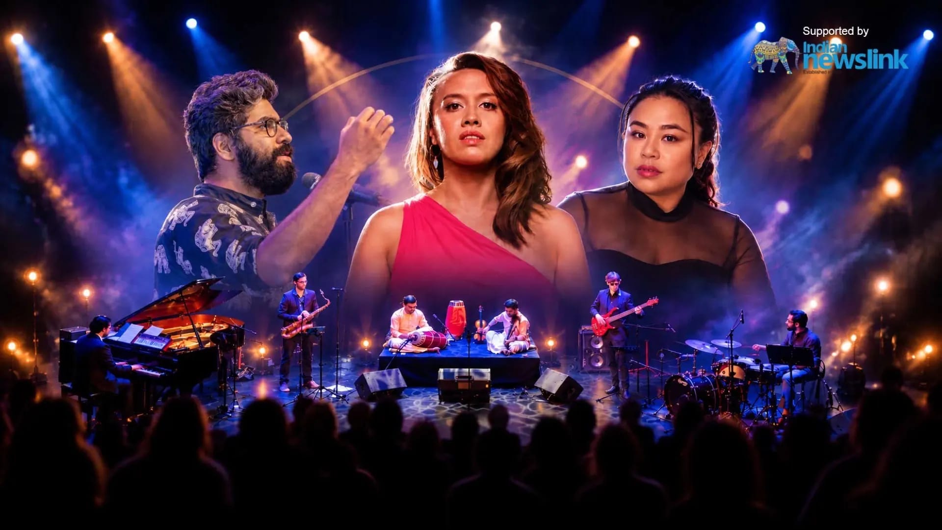 Pangaea Music Festival ensemble — musicians gathered around a grand piano on stage.